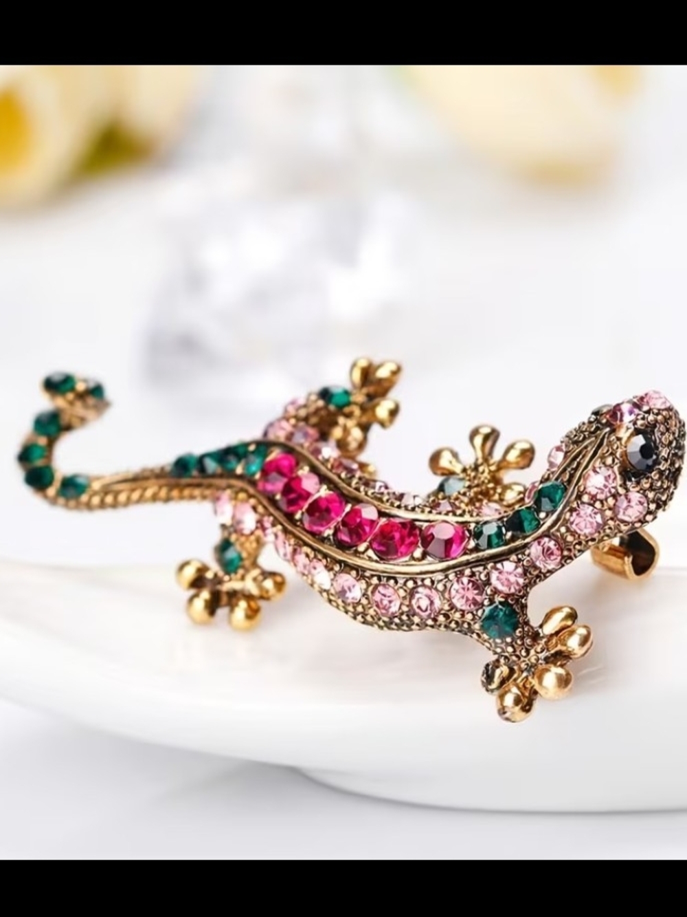 Gold-tone Multicolor Crystal Gecko Brooch - Pink & Green